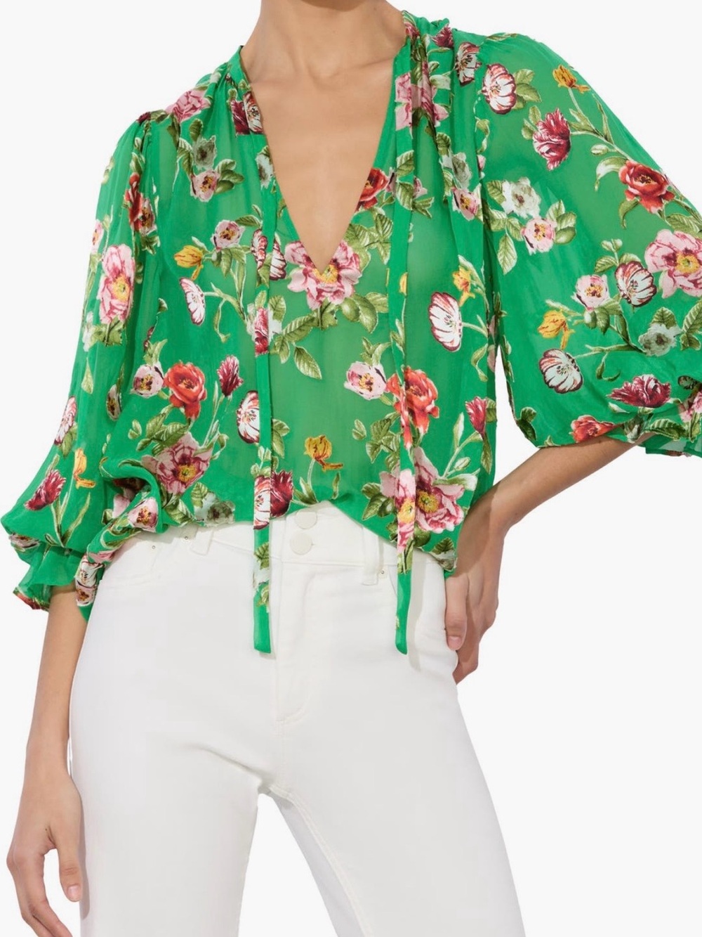Moranne Floral Print Tie Neck Top - Silk blend